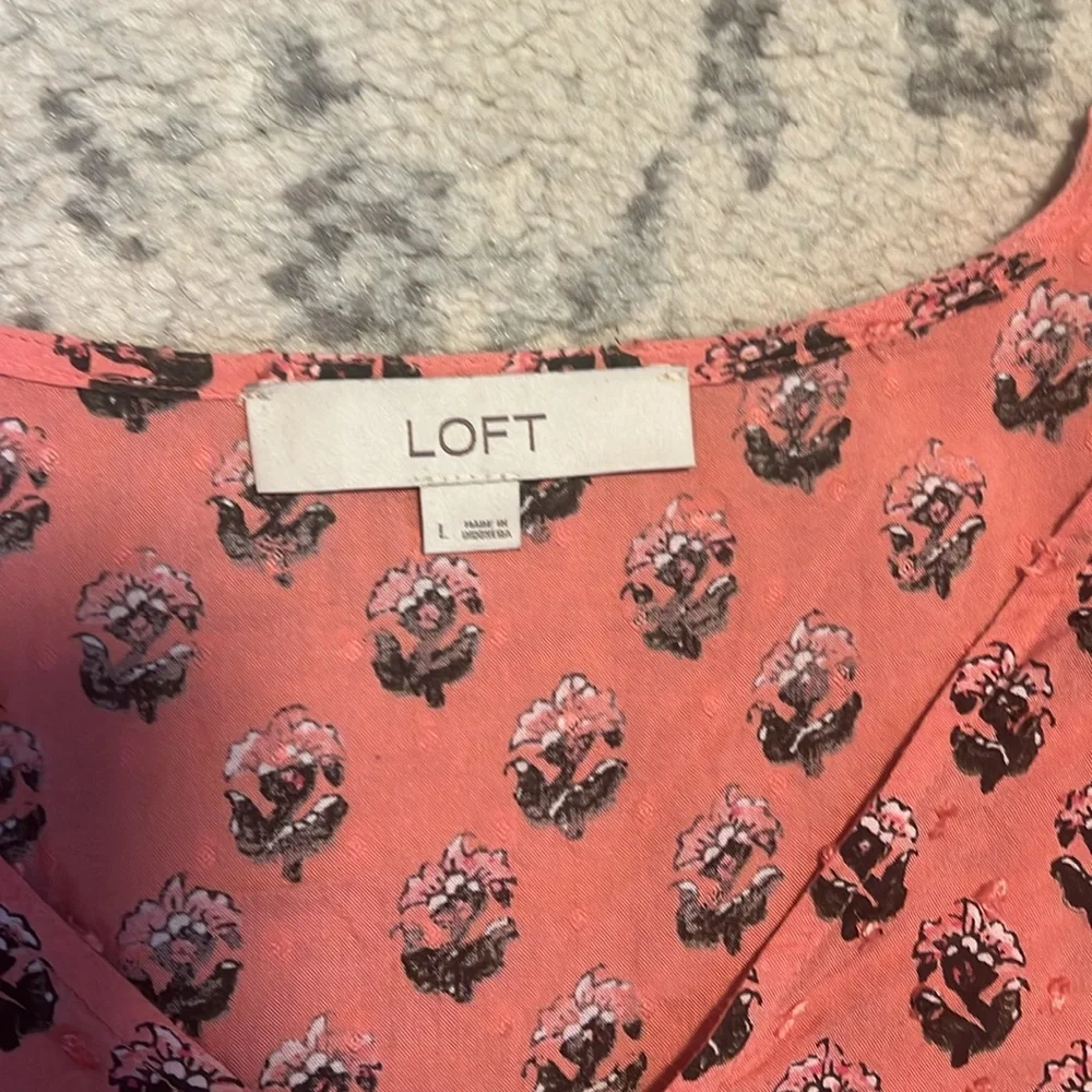 LOFT Pink and White Puff Sleeve Peplum Blouse